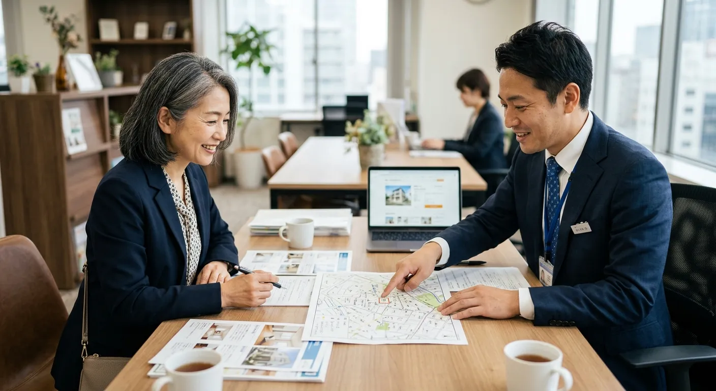 空き家の実家を不動産会社に相談する日本人のイメージ