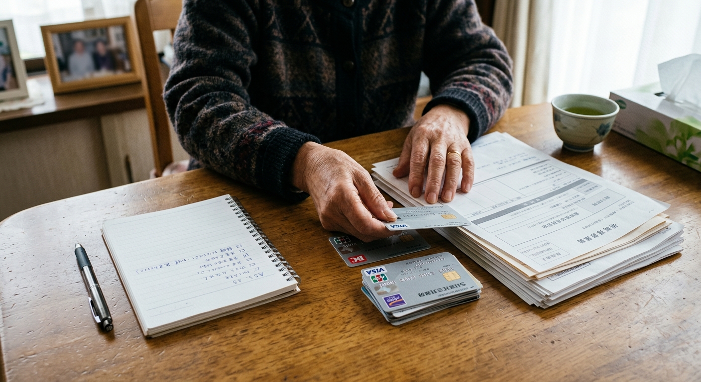 故人のクレジットカードを整理する｜テーブルに並ぶカードと書類
