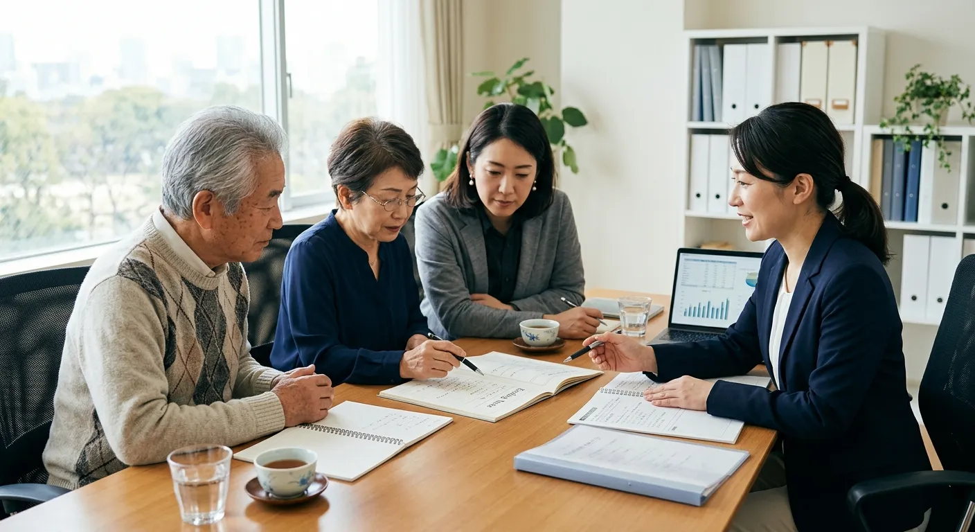 エンディングノートの書き方を専門家に相談する日本人家族のイメージ