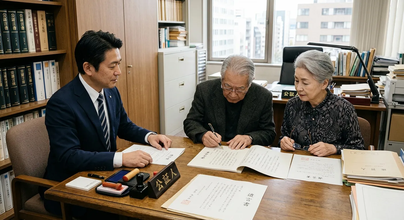 公正証書遺言を作成する日本人公証人と夫婦のイメージ