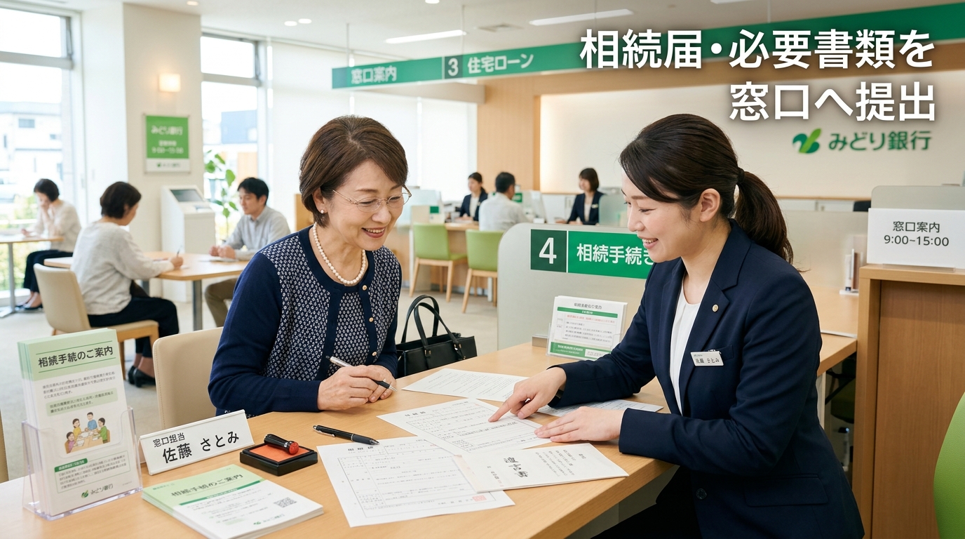 銀行窓口で相続手続きをする女性