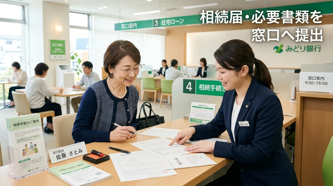銀行窓口で相続手続きをする女性