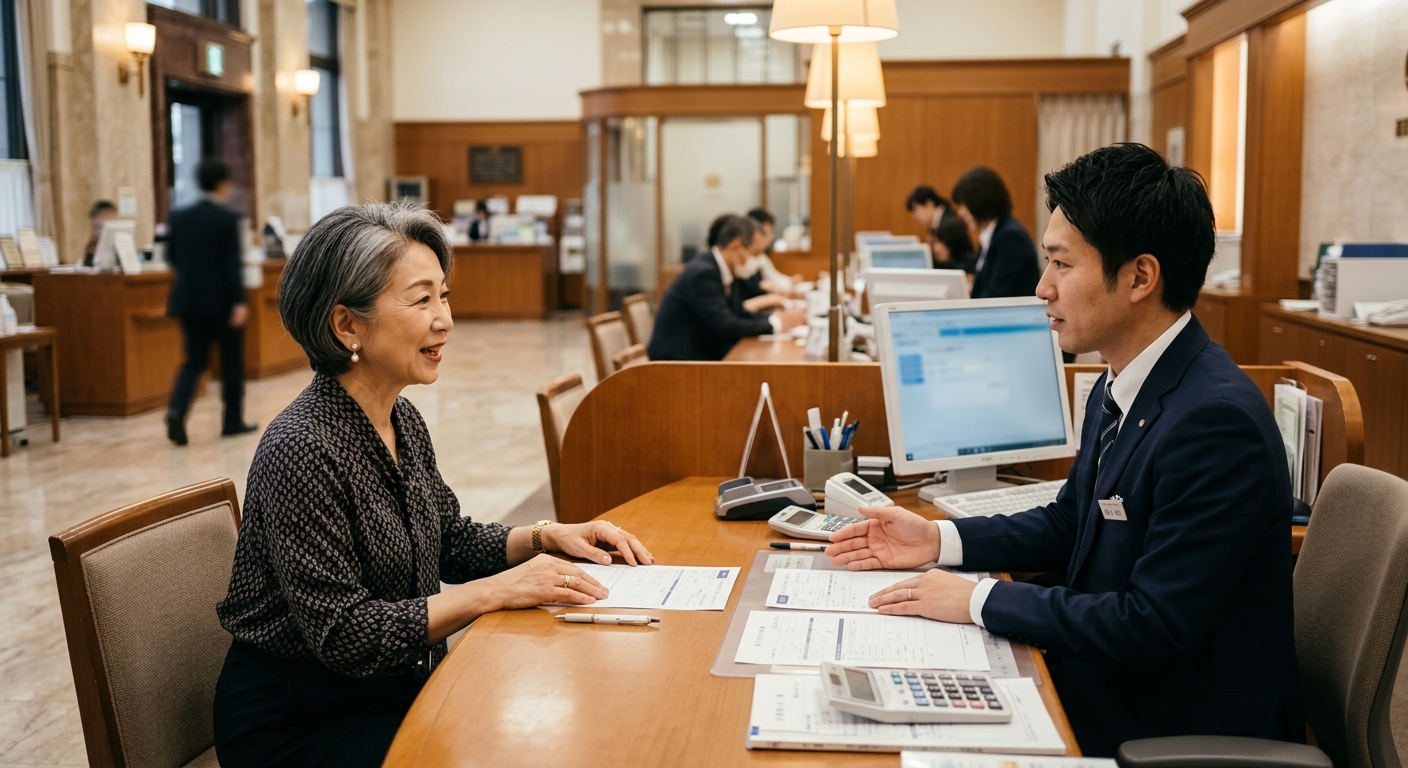 銀行の相続手続き窓口で書類を確認する相続人