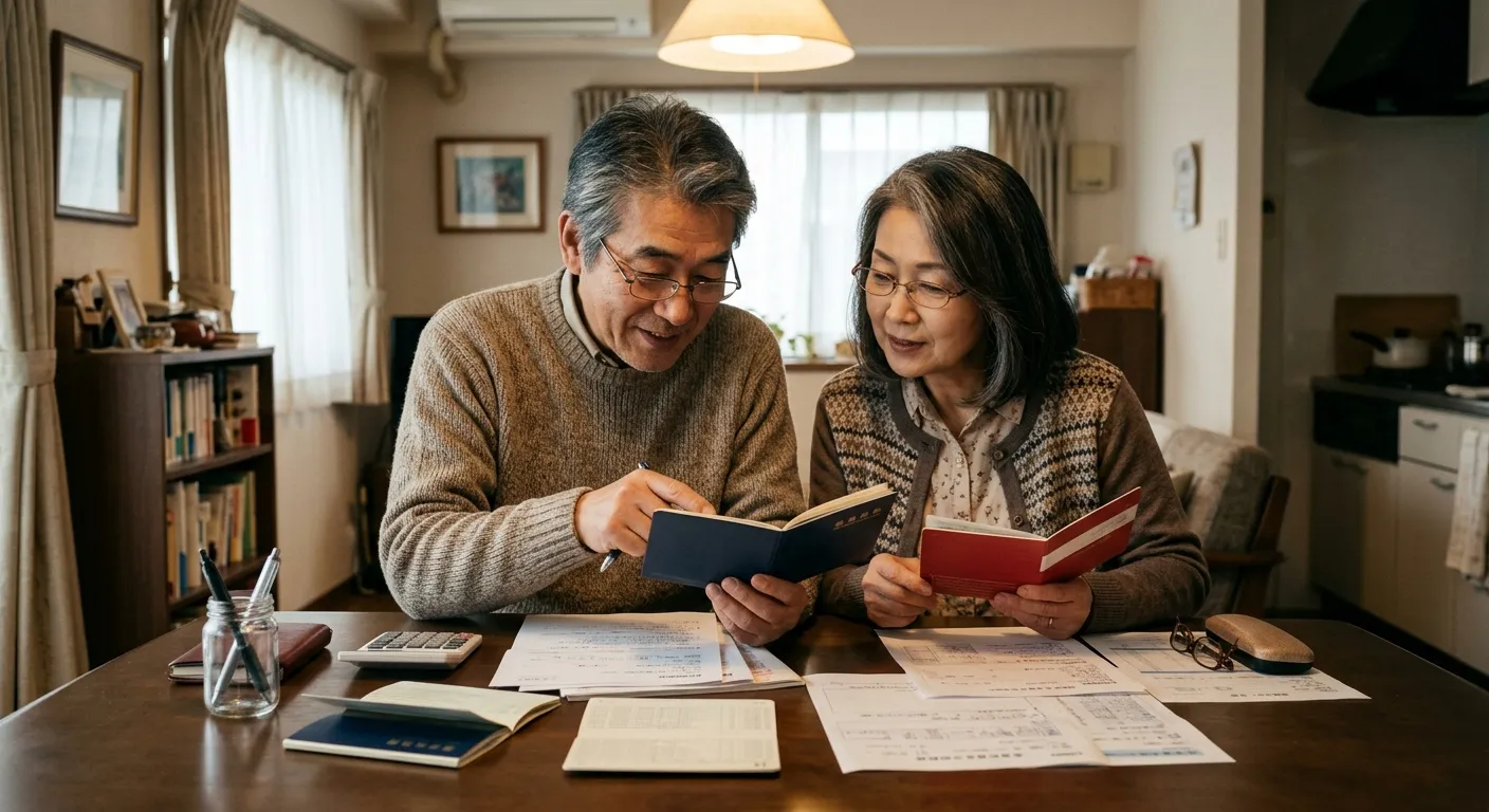 複数の銀行通帳と相続書類を確認する家族