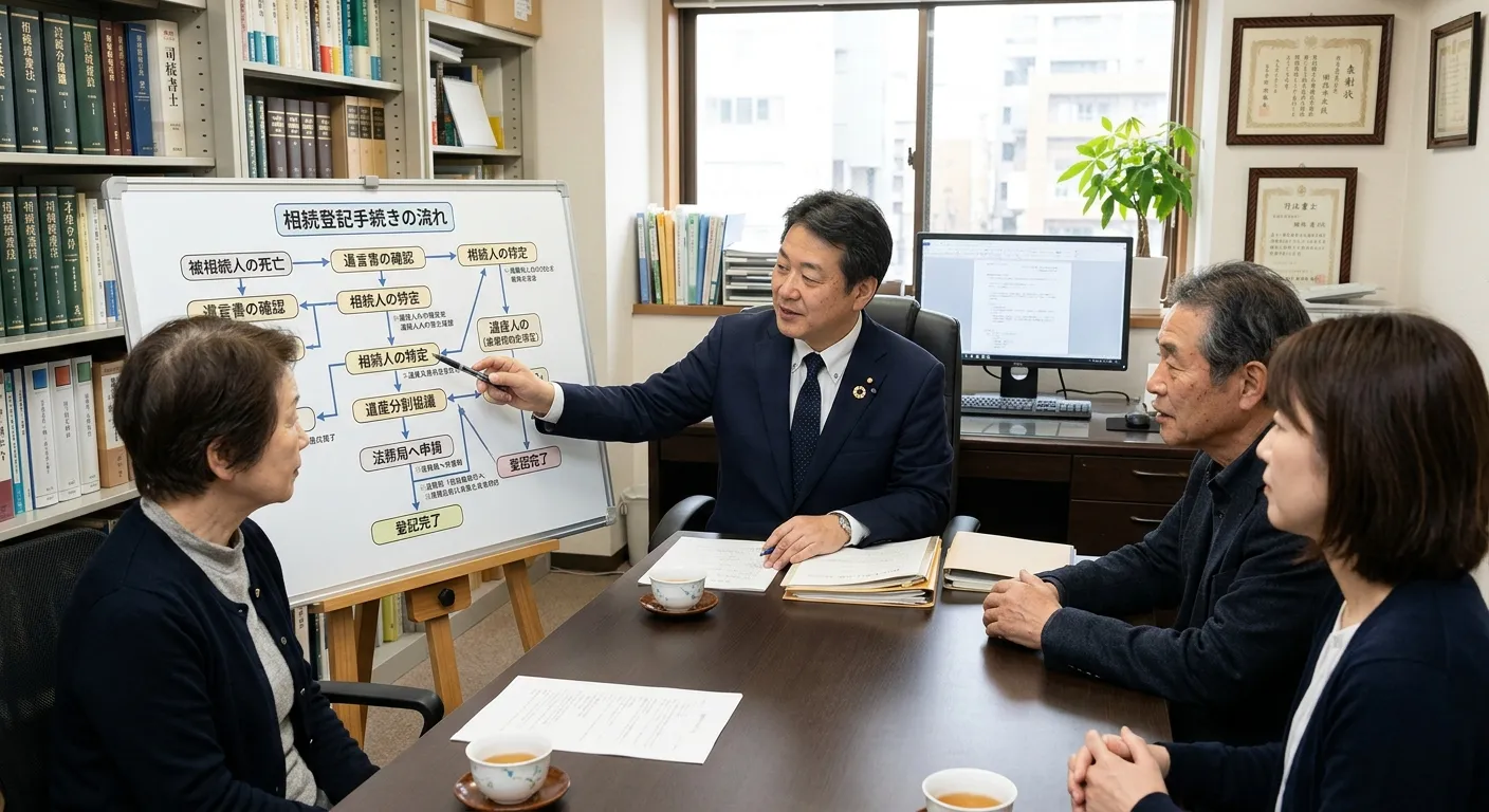 法務局での手続きの流れを説明する日本人司法書士のイメージ