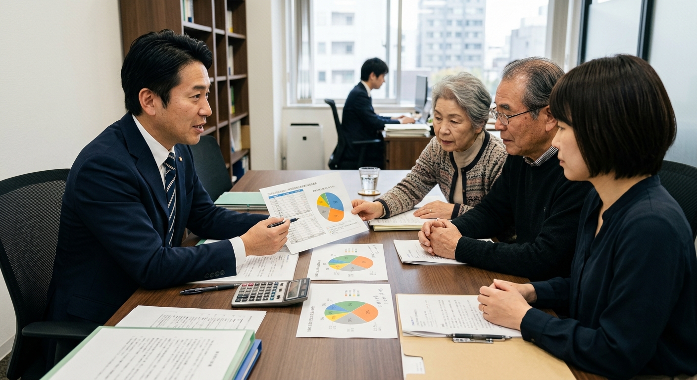 法定相続分の計算を説明する資料と電卓のイメージ