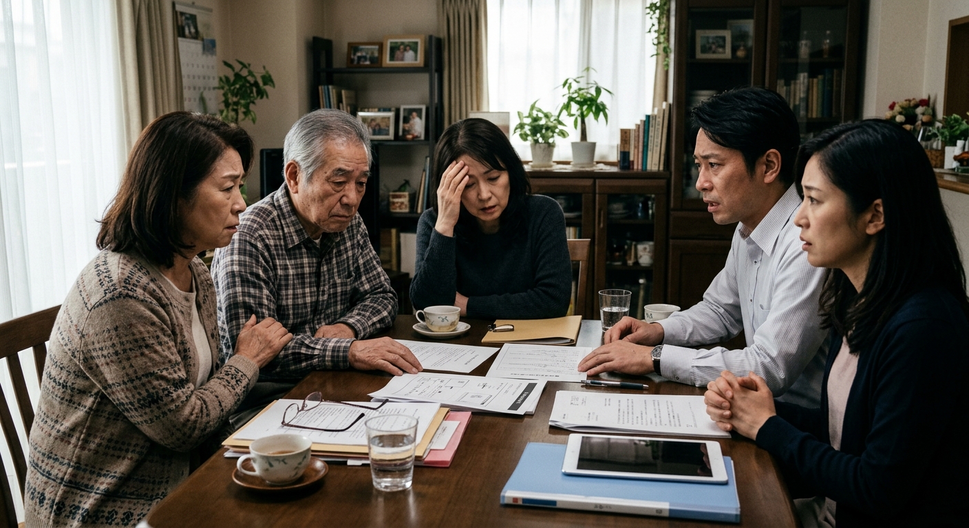 遺産分割協議がまとまらず困っている家族のイメージ