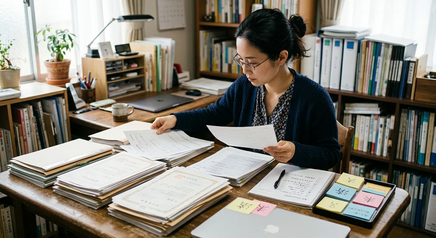 相続手続きの書類を整理する日本人のイメージ