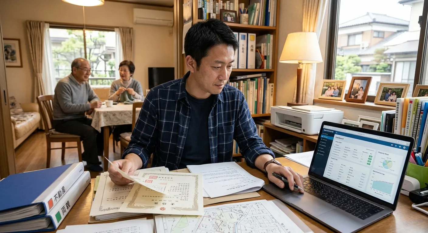 家族信託で不動産を管理する日本人家族のイメージ