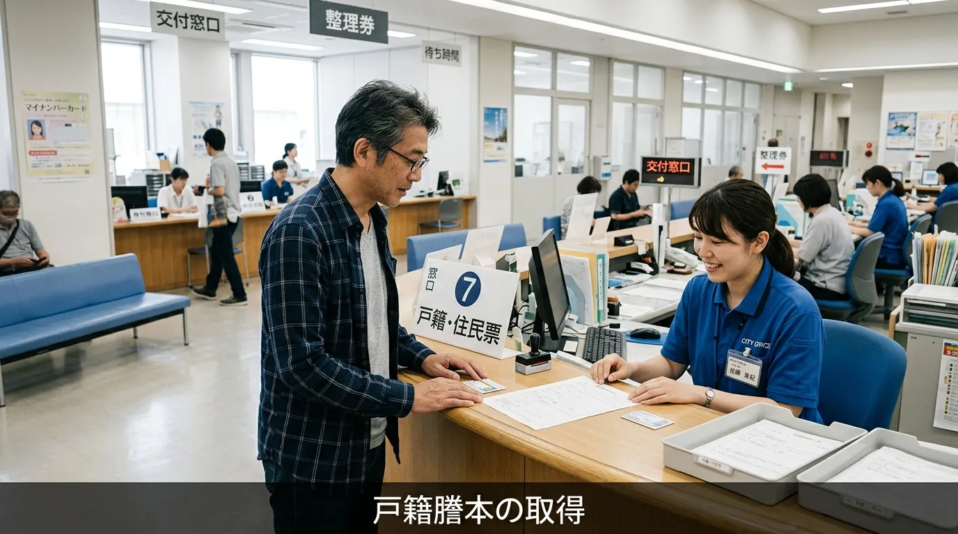 役場で戸籍謄本を取得する様子