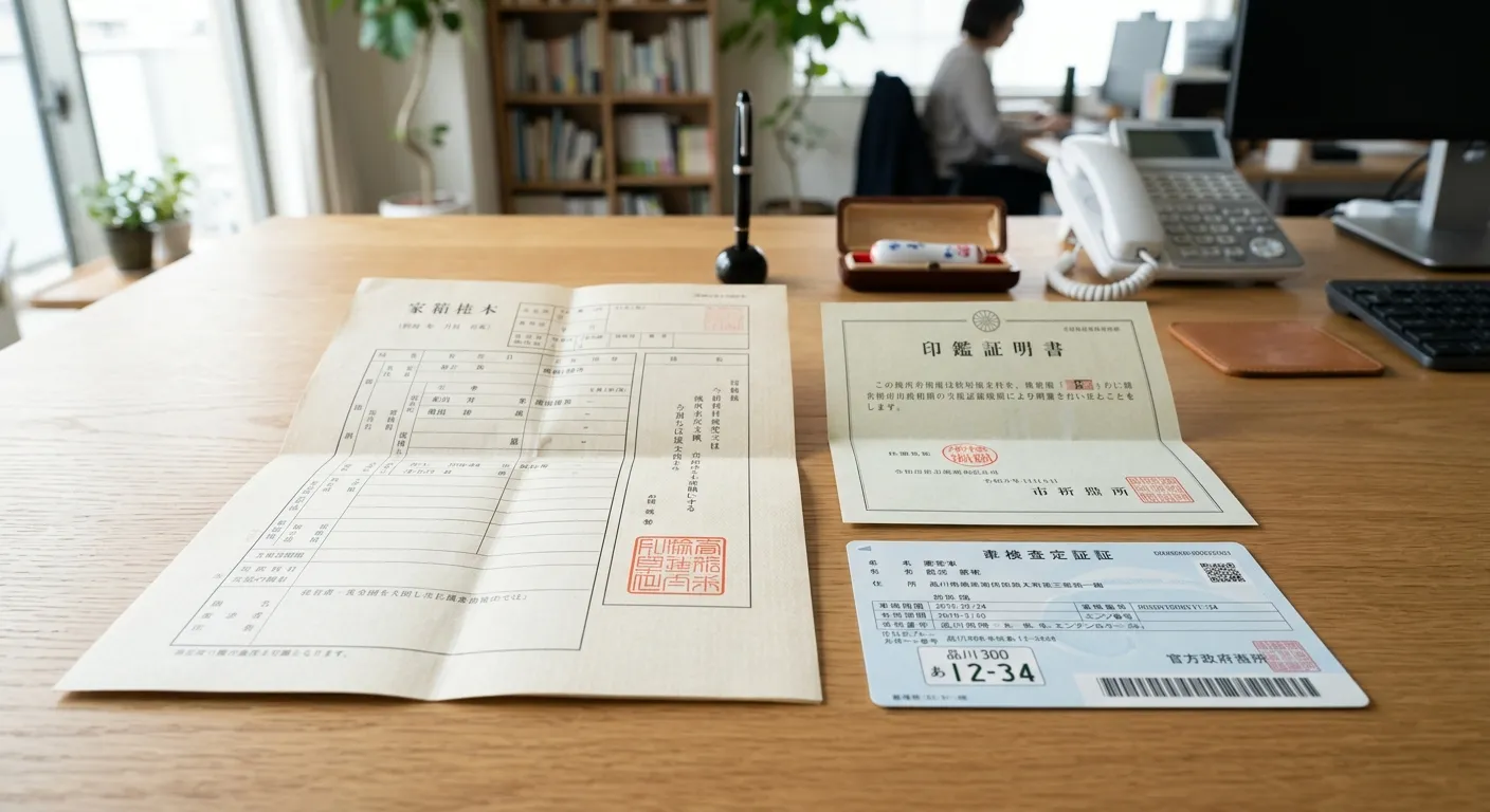 車の名義変更に必要な書類が並んだイメージ