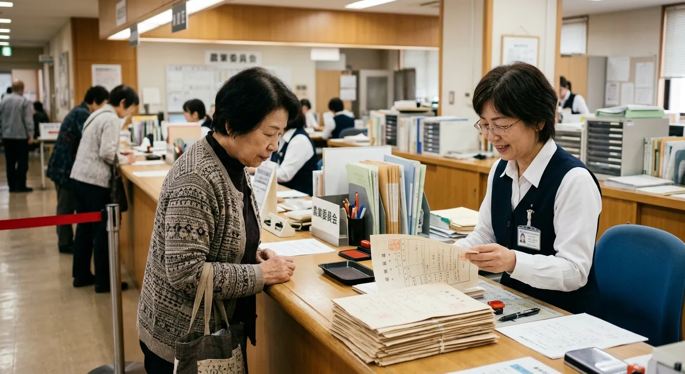 農業委員会に農地の相続届出書を提出する日本人のイメージ