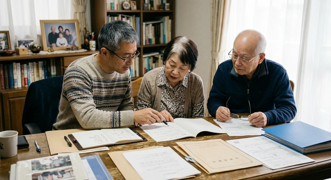 相続準備のリストを確認する日本人家族のイメージ