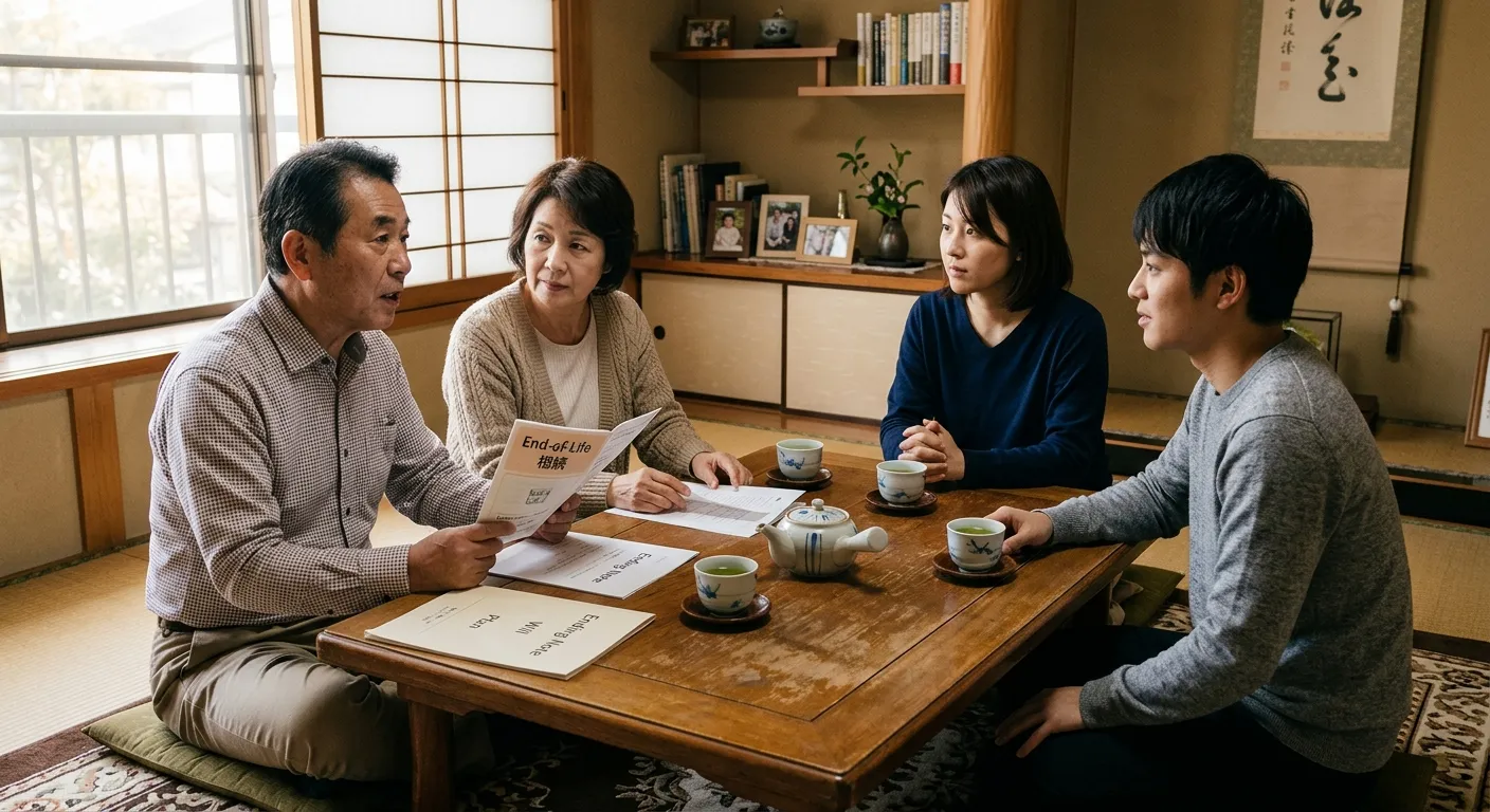 親と子が相続について話し合う日本人家族のイメージ