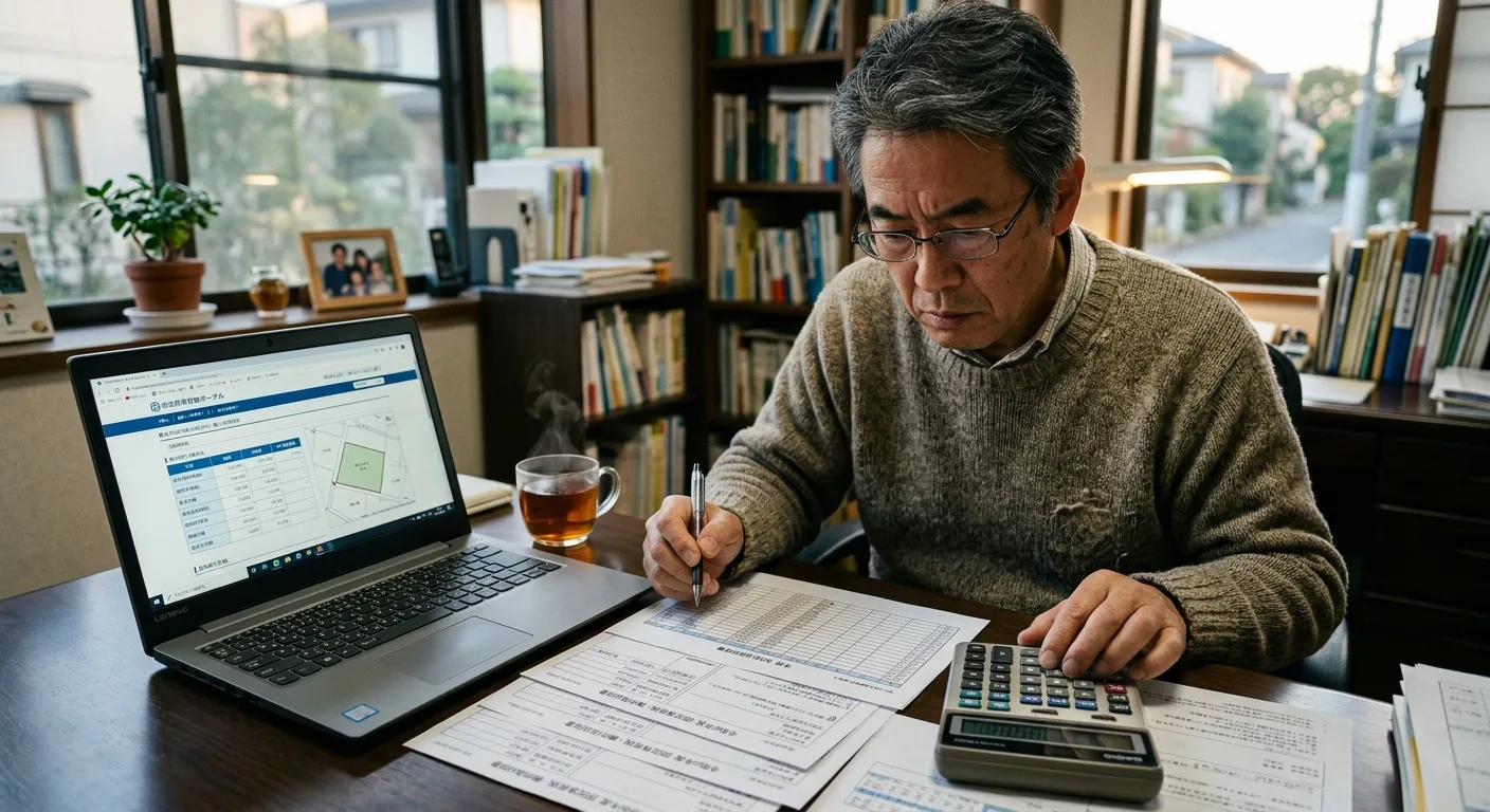 固定資産税の計算をする日本人のイメージ
