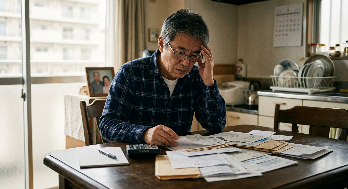 親の借金が相続されるか確認する｜書類と電卓を前に悩む男性