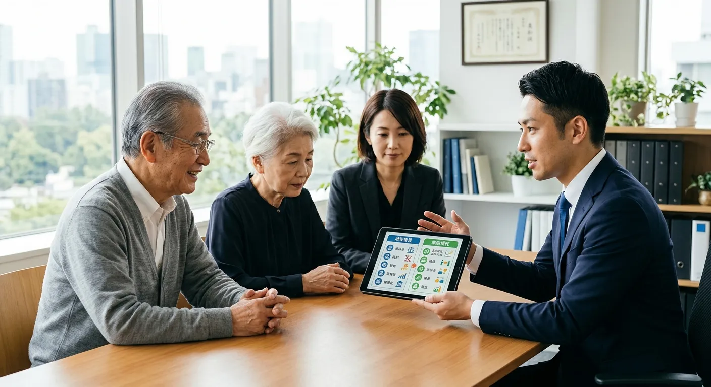 成年後見制度と家族信託を比較する日本人専門家のイメージ