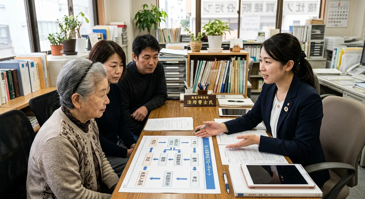 成年後見申立ての流れを説明する日本人司法書士のイメージ