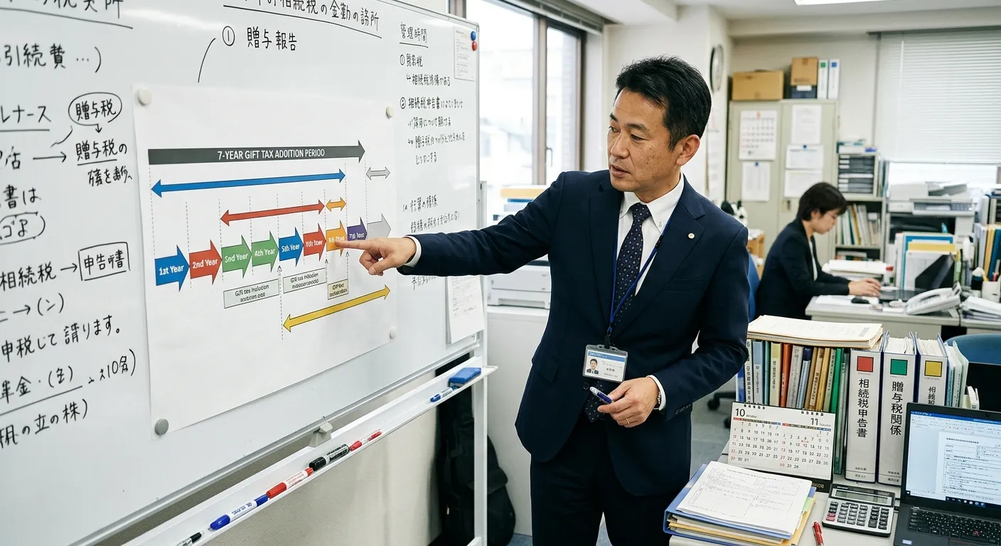 生前贈与加算の7年ルールを示すタイムラインのイメージ