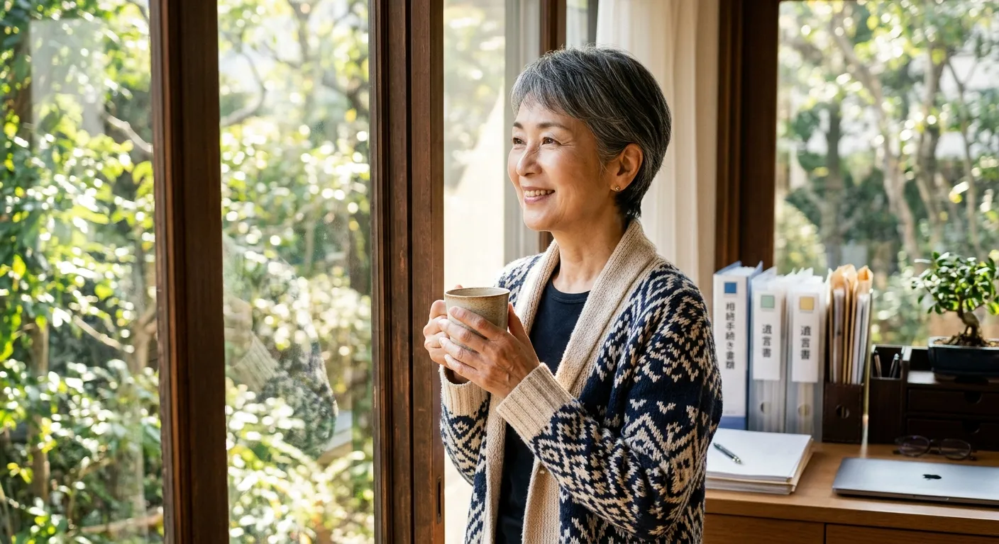 相続手続きを終えて安堵する日本人のイメージ