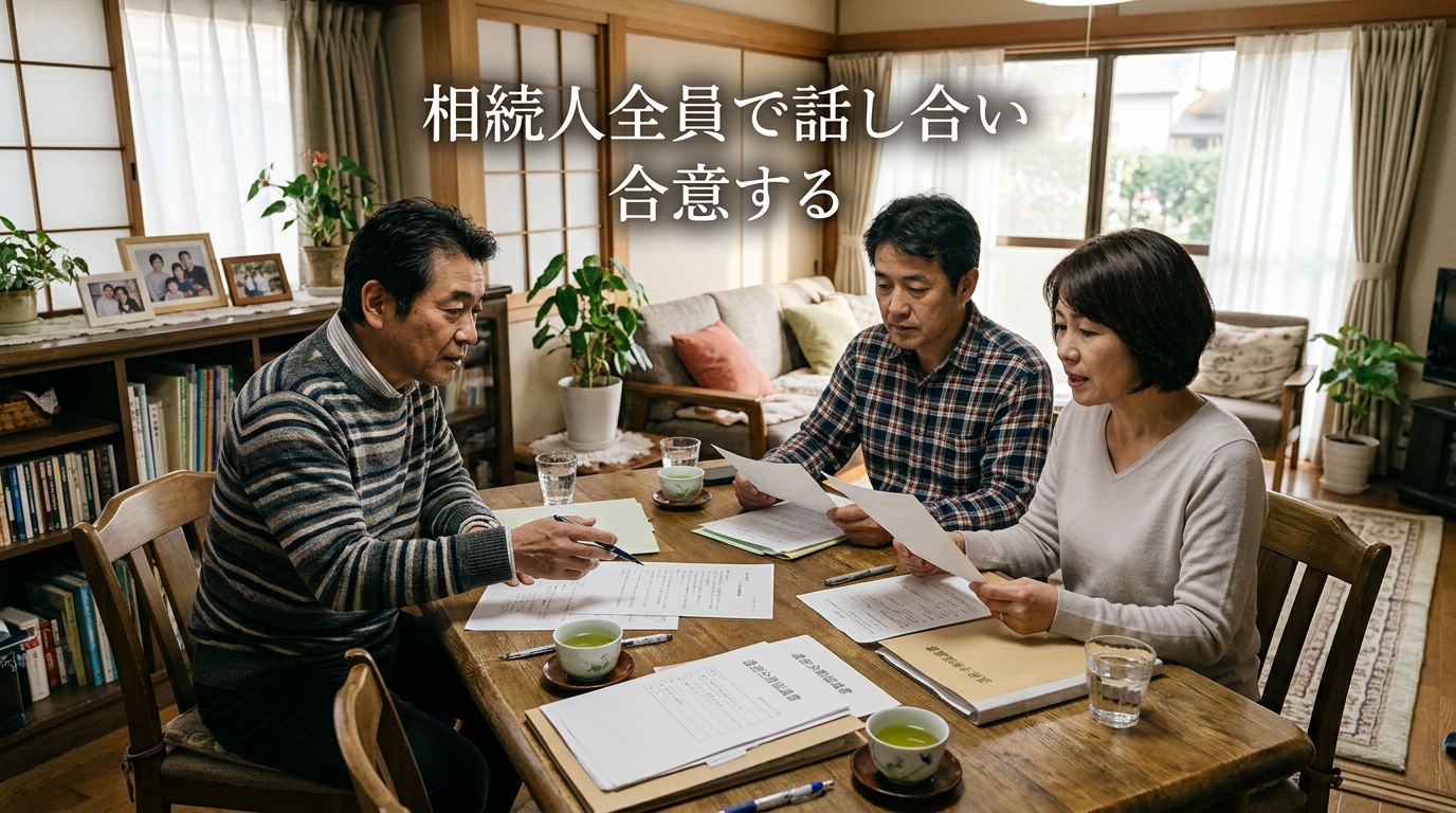 相続人全員で遺産分割を話し合う場面