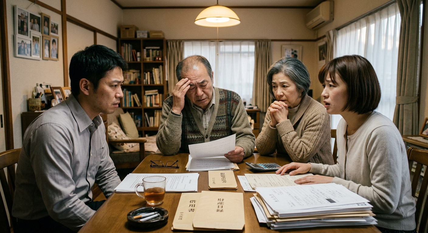 相続放棄後の借金問題を考える日本人家族のイメージ