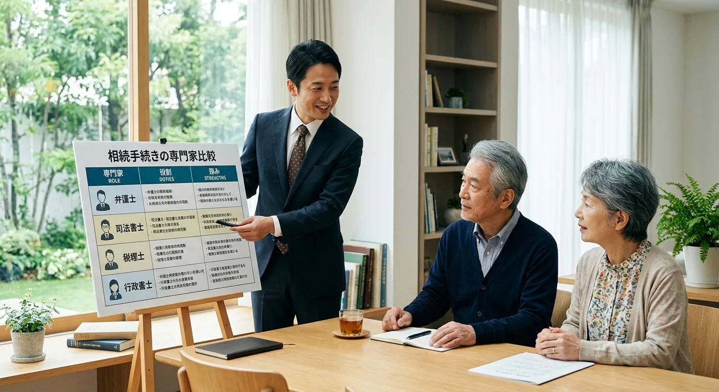 弁護士・司法書士・税理士の役割を説明する日本人専門家のイメージ
