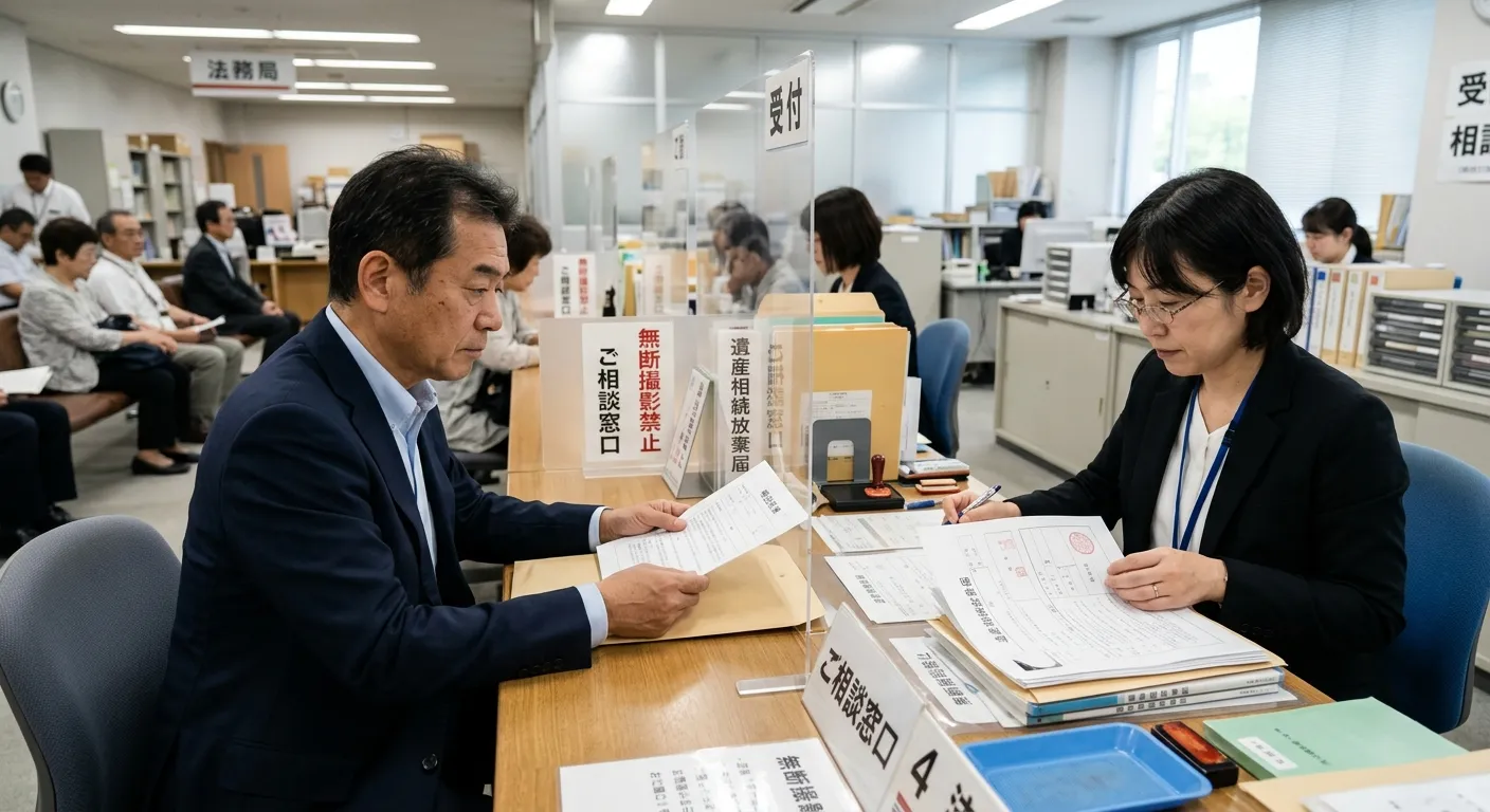法務局で相続土地国庫帰属の申請手続きをする日本人のイメージ