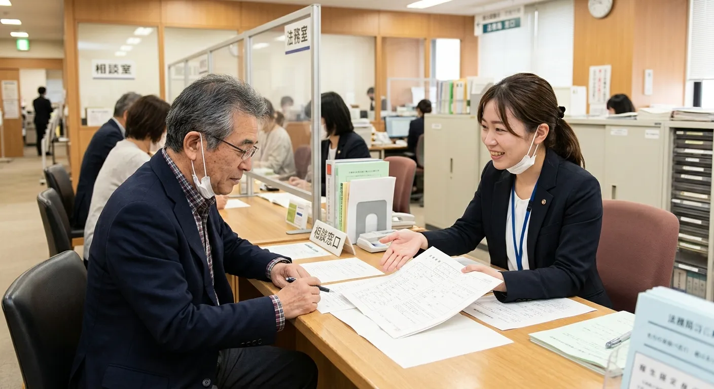 法務局で相続登記の窓口相談をする日本人のイメージ