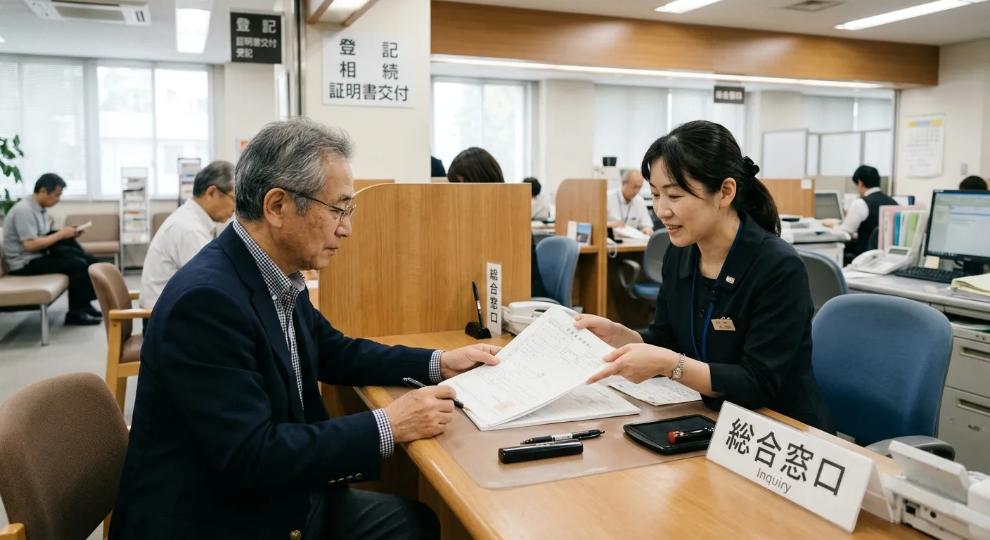法務局の窓口で相続登記を申請する日本人のイメージ