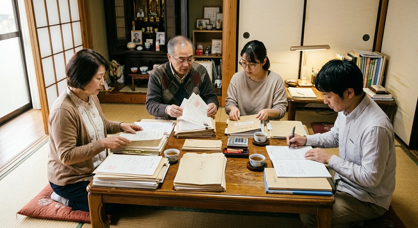 相続登記に必要な書類を整理する日本人家族のイメージ