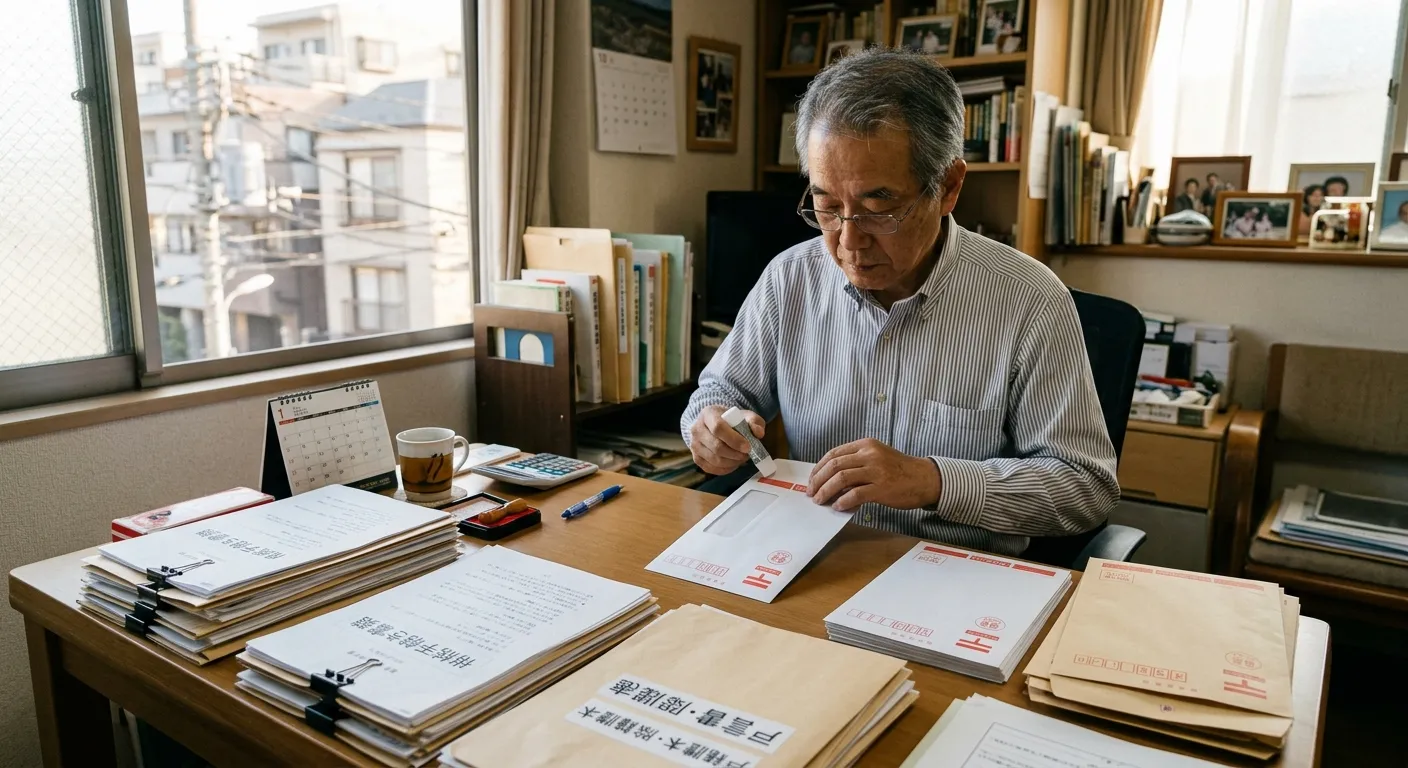 遠方の実家宛に書類を郵送する日本人