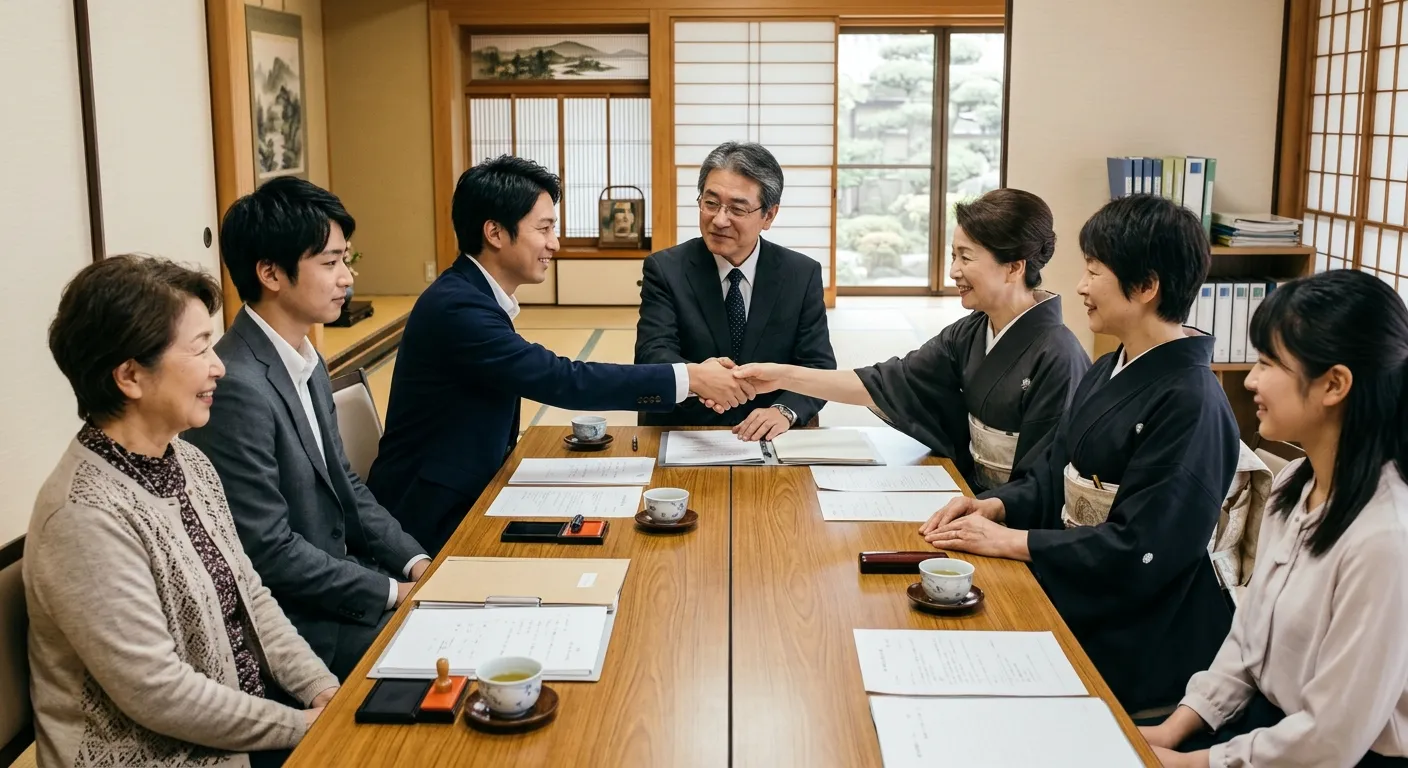 相続トラブルが解決し握手する日本人家族のイメージ