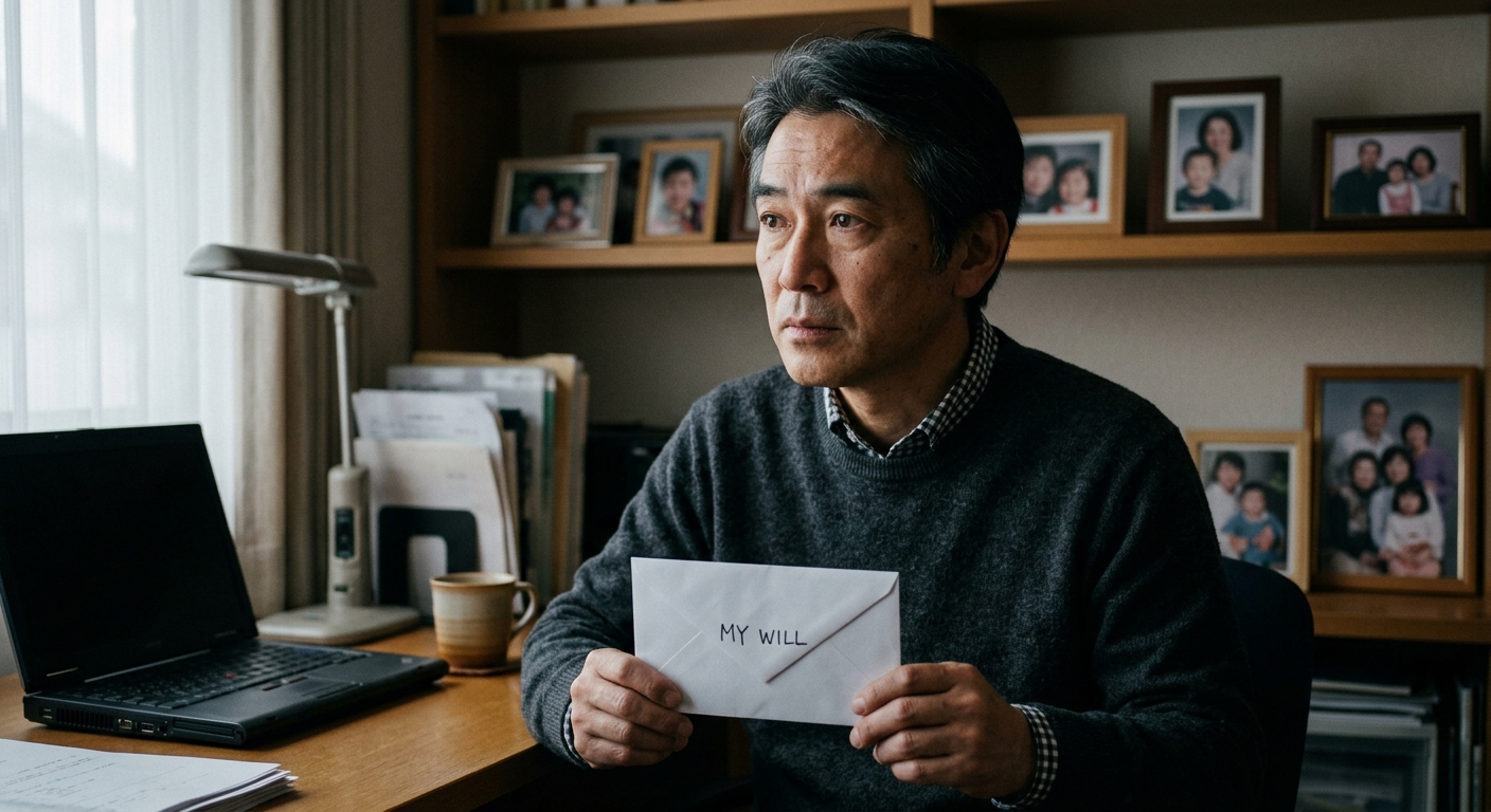 故人の遺言書を発見した相続人｜封筒を手に持つ
