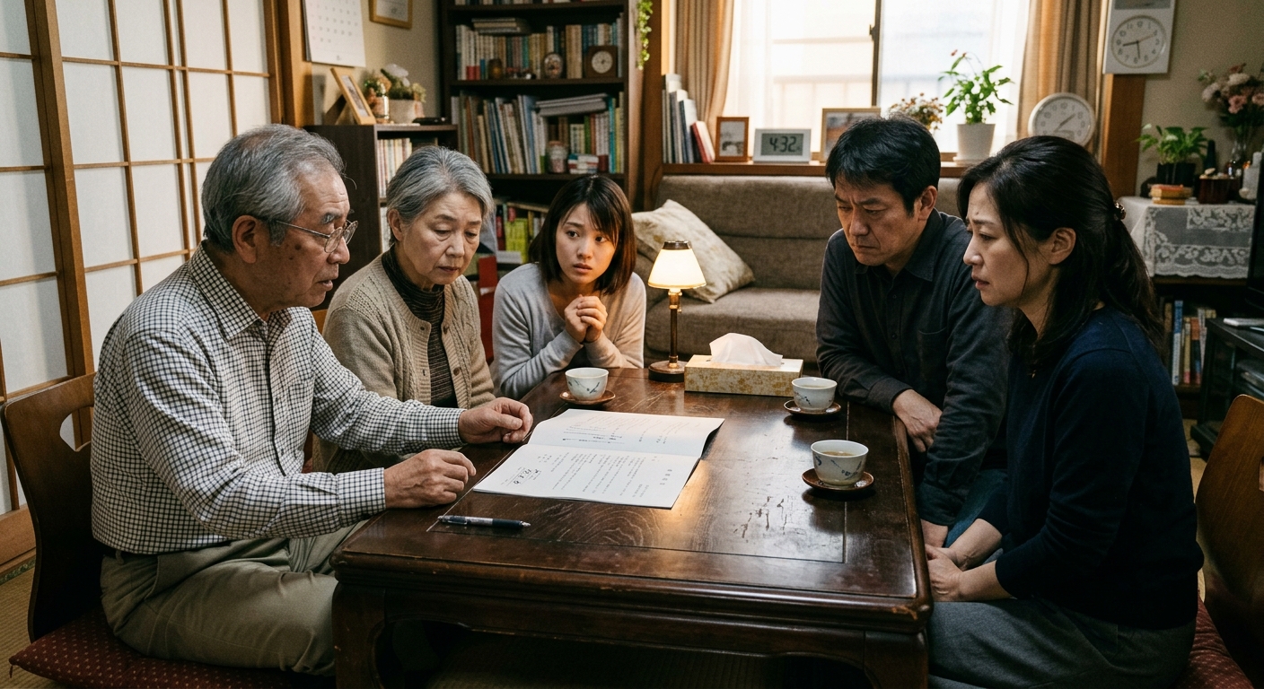 遺言書をめぐって家族が話し合う困難なシーン
