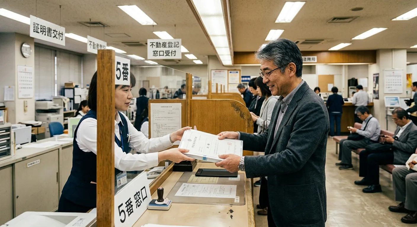 法務局で不動産登記事項証明書を取得する男性