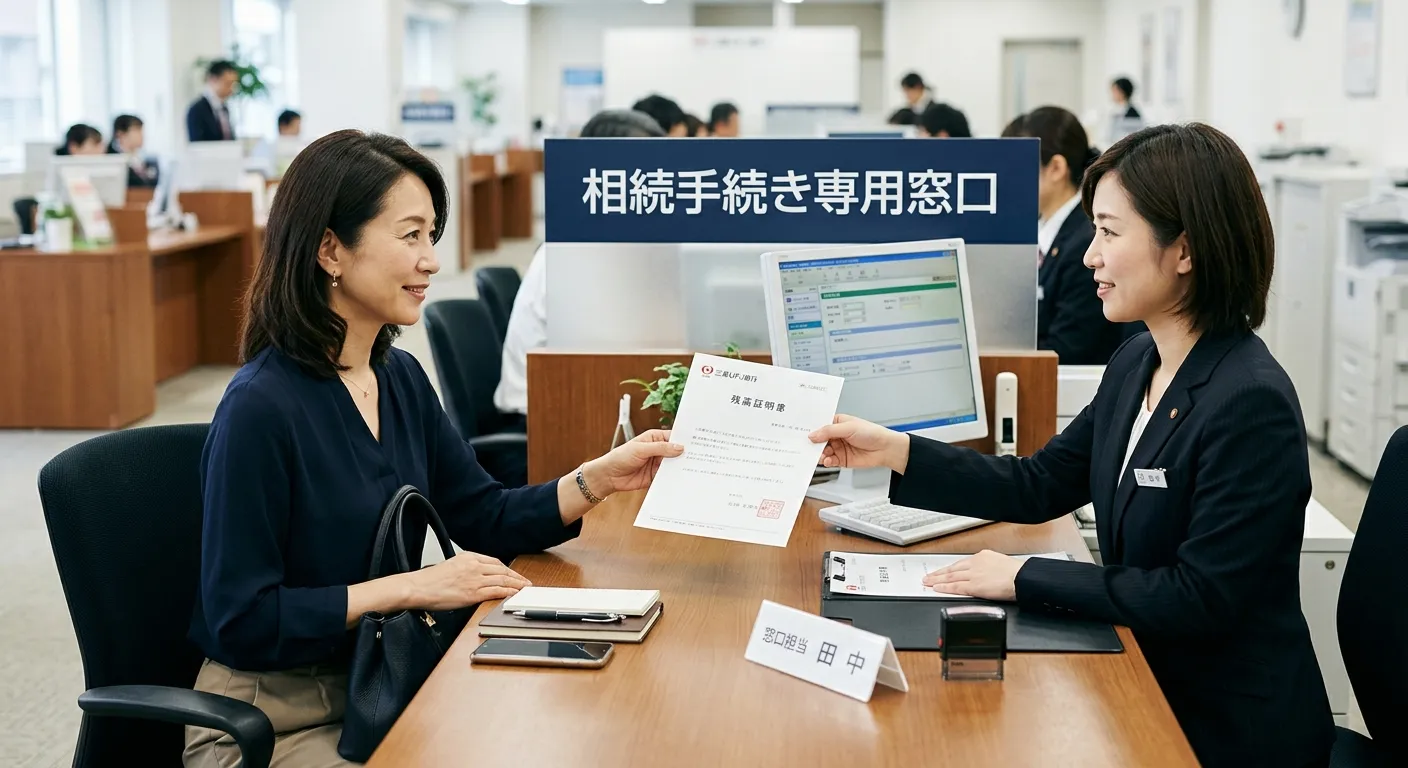 銀行の相続専用窓口で残高証明書を受け取る女性