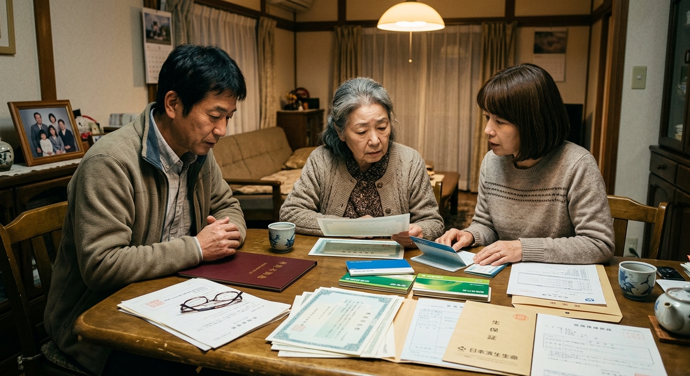相続財産の調べ方｜通帳・権利証・証券を机に並べる家族